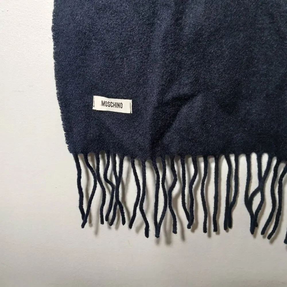 Moschino mens soft cashmere wool long scarf navy blue fringe